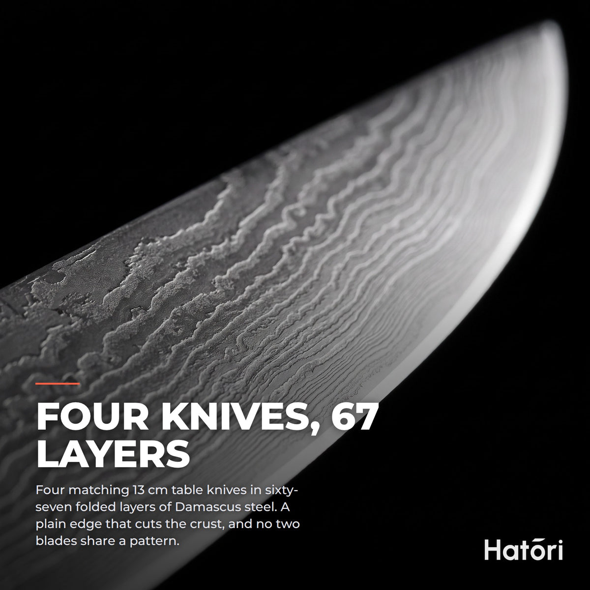 Hatori Kokuyō 黒曜 Series – Damascus Steak Knives, Set of 4, blade steel