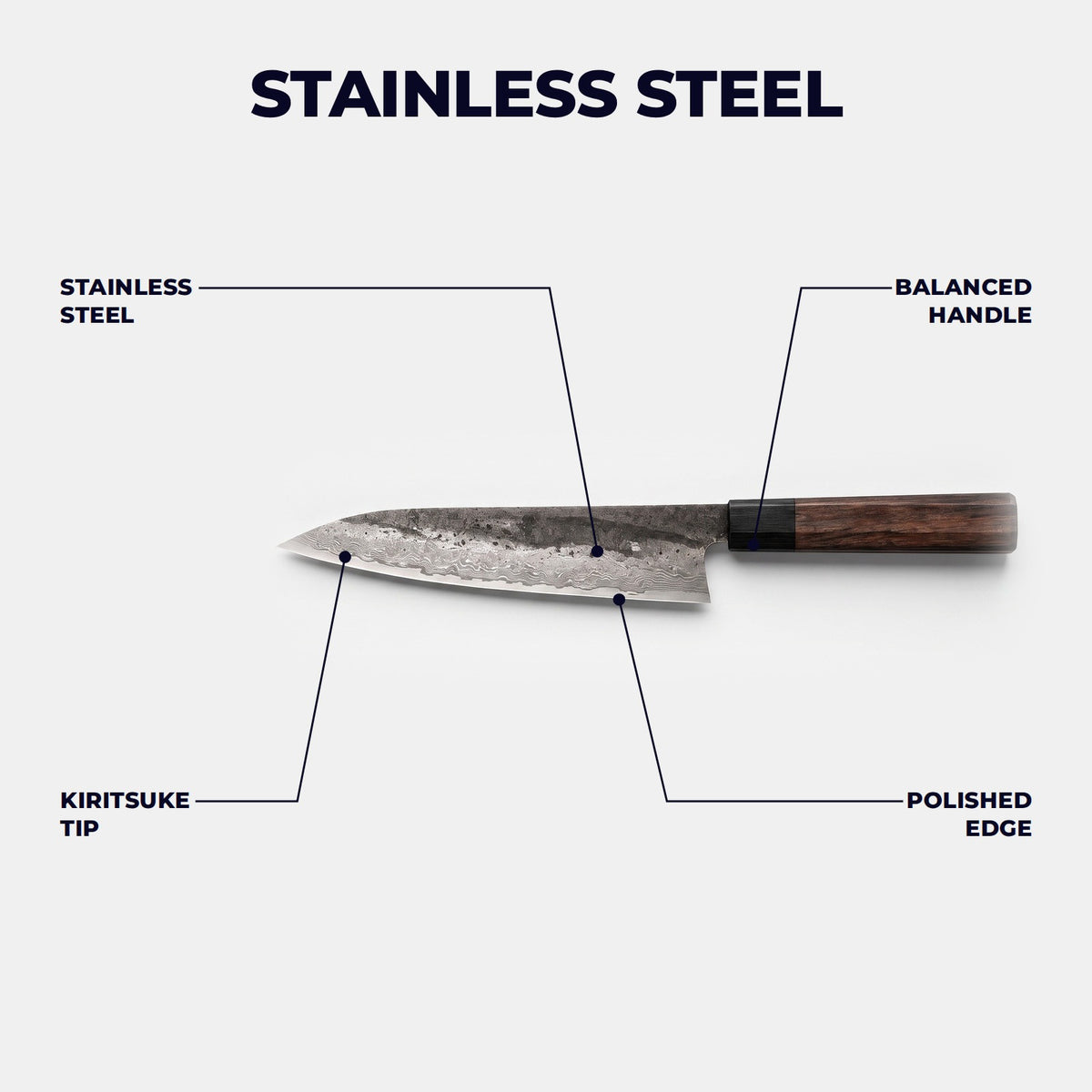 Hatori Tetsuboku 鉄木 Series – Kiritsuke 21.5 cm, blade and handle guide