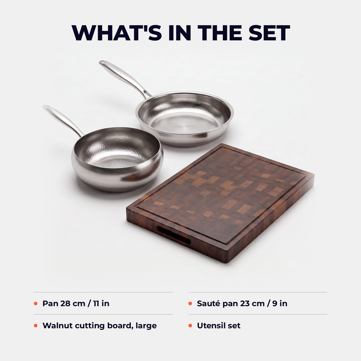 Hatori Kōmyō 光明 Series – Pan and Sauté Set with Walnut Board and Utensils, what is in the set