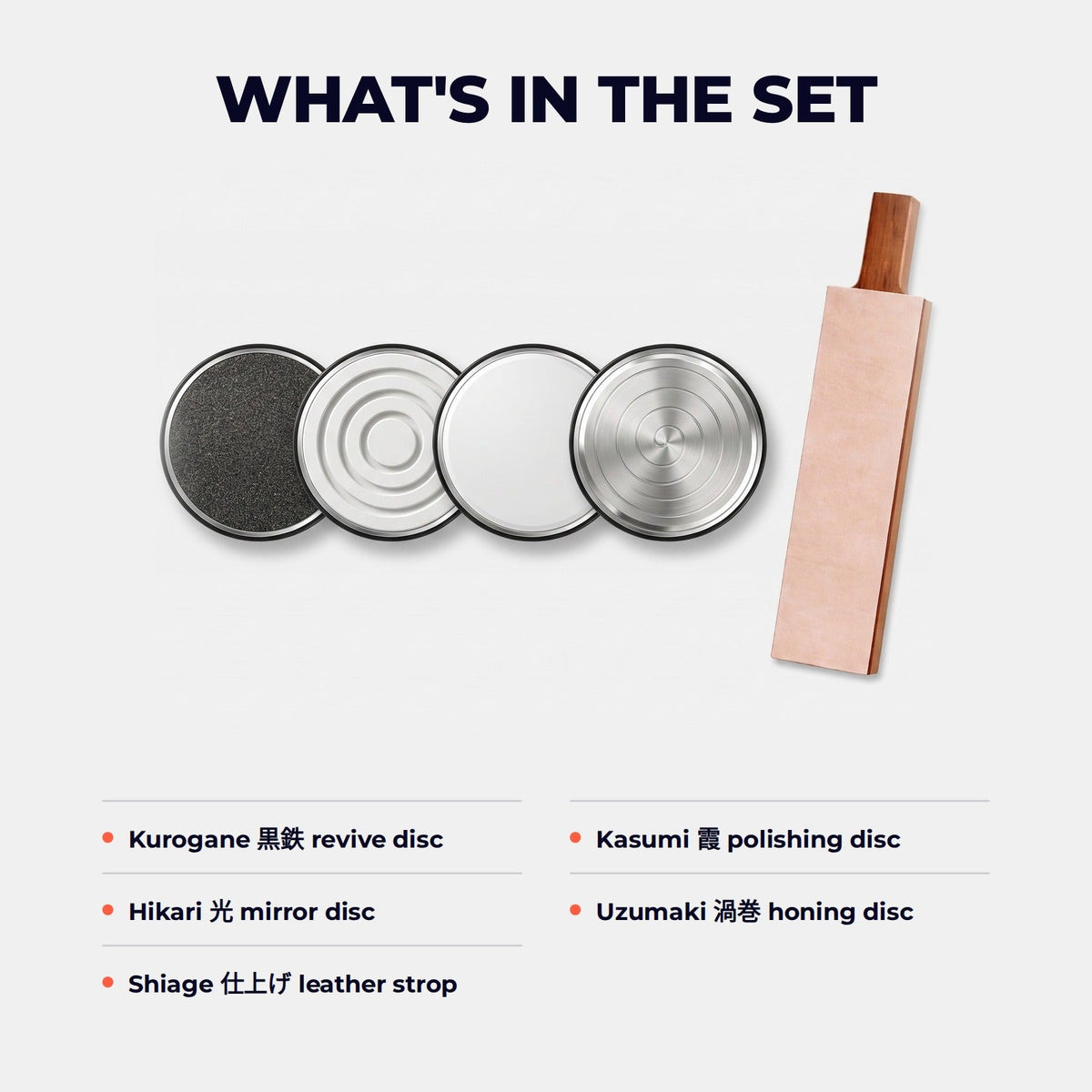 Hatori Complete Scale – Kurogane, Kasumi, Hikari + Uzumaki Discs with Leather Strop, what is in the set