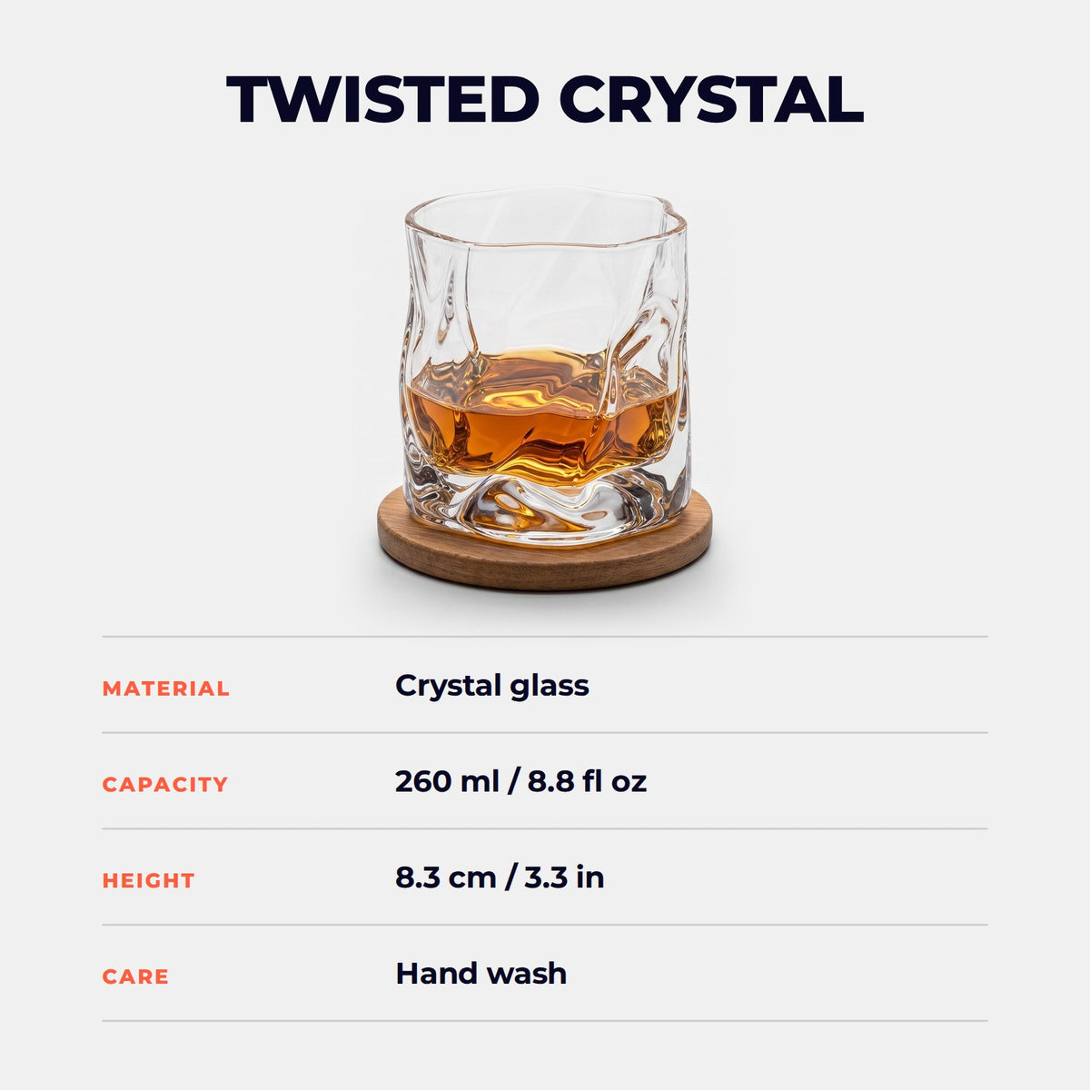 Hatori Kiriko 切子 Series – Twisted Crystal Whisky Glass, specifications