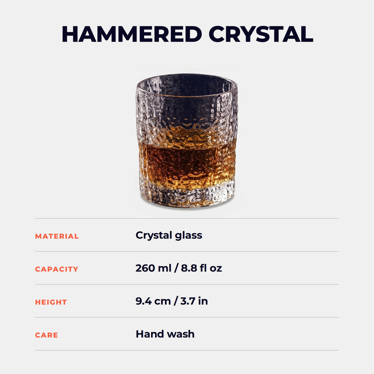 Hatori Kiriko 切子 Series – Hammered Crystal Whisky Glass, specifications