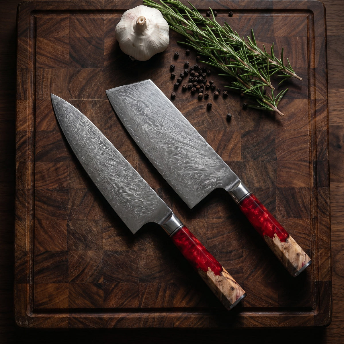 Hatori Kurenai 紅 Series – Damascus 2 Piece Set, on a board