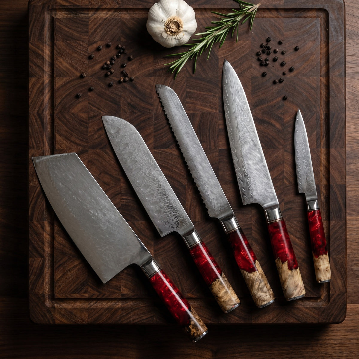 Hatori Kurenai 紅 Series – Damascus 5 Piece Set, on a board