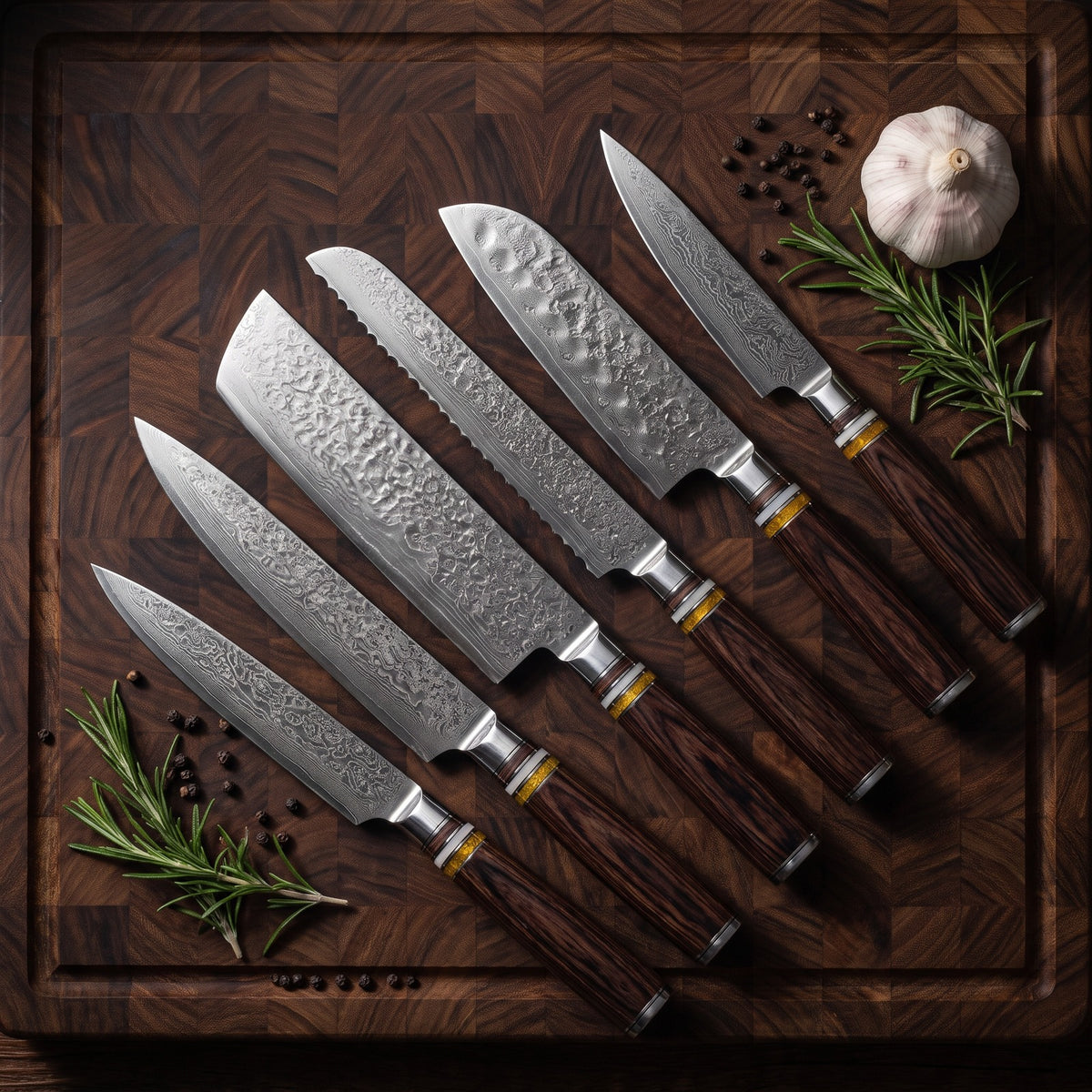 Hatori Takumi 匠 Series – Damascus 7 Piece Master Set, on a board
