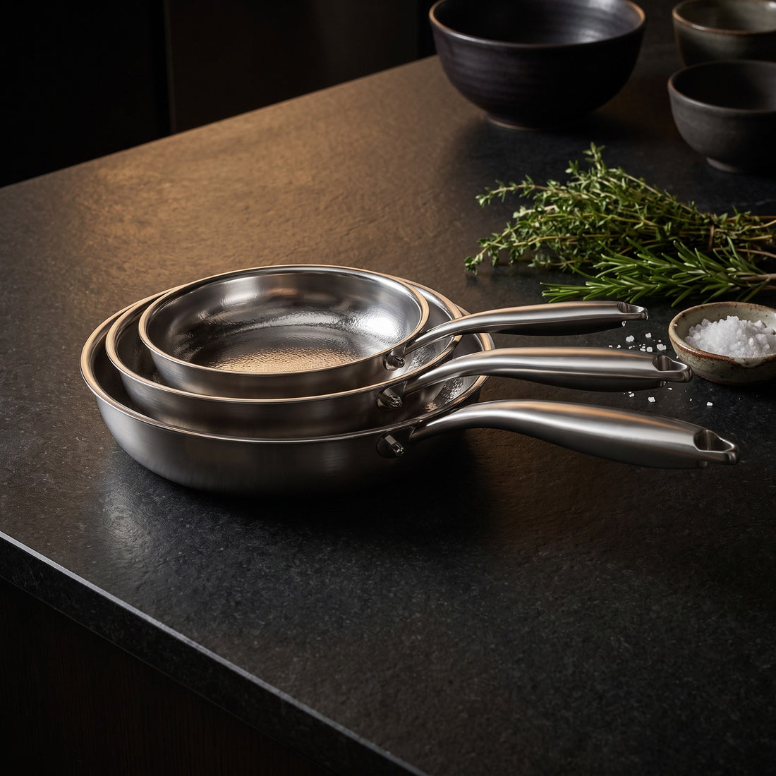 Hatori Kōmyō 光明 Series – 3-Pan Set, on the counter