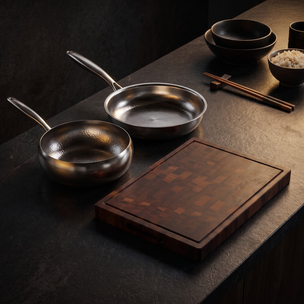 Hatori Kōmyō 光明 Series – Pan and Sauté Set with Walnut Board and Utensils, on the counter