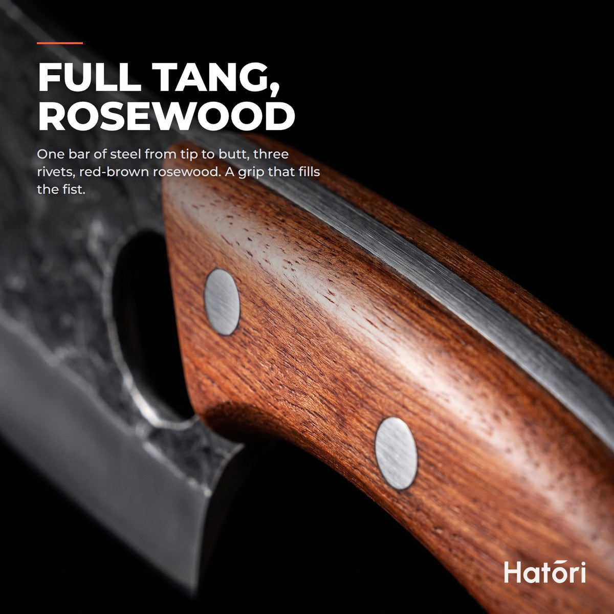 Hatori Kiba 牙 Series – Forged Ring Knife 16 cm, Rosewood, the handle