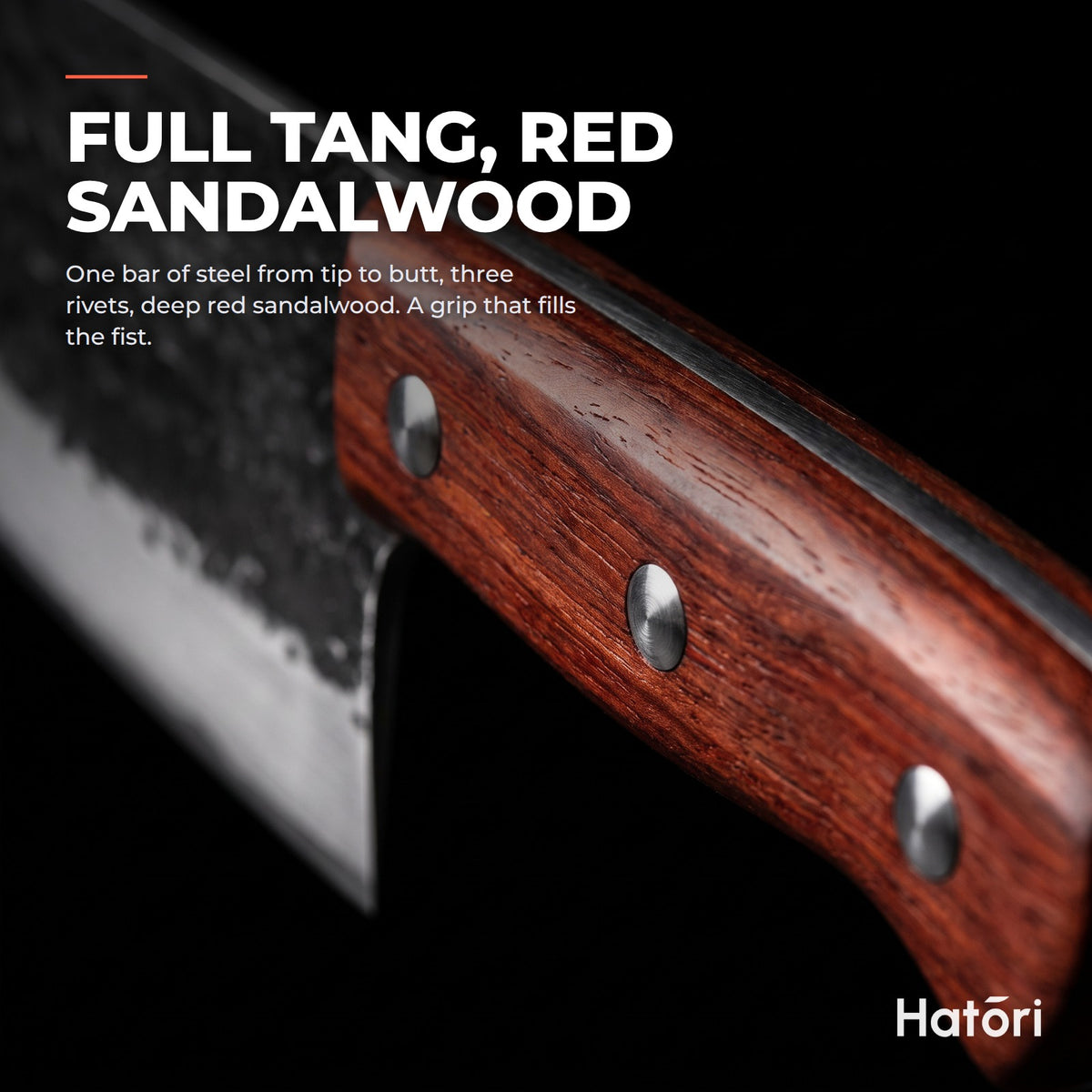 Hatori Kiba 牙 Series – Forged Ring Knife 17.5 cm, Red Sandalwood, the handle