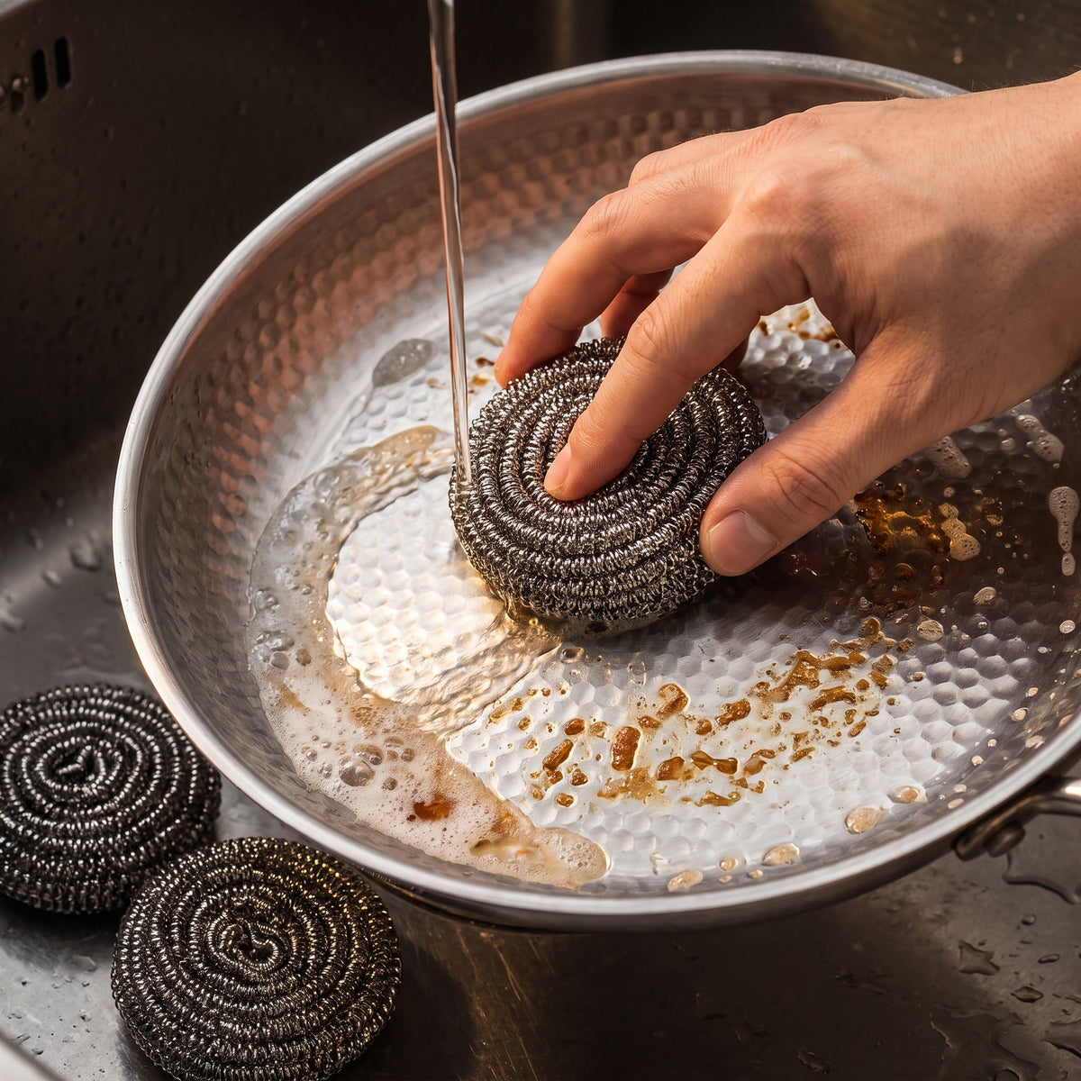 Hatori Titanium Pan Scrubbers, Set of 3, in use