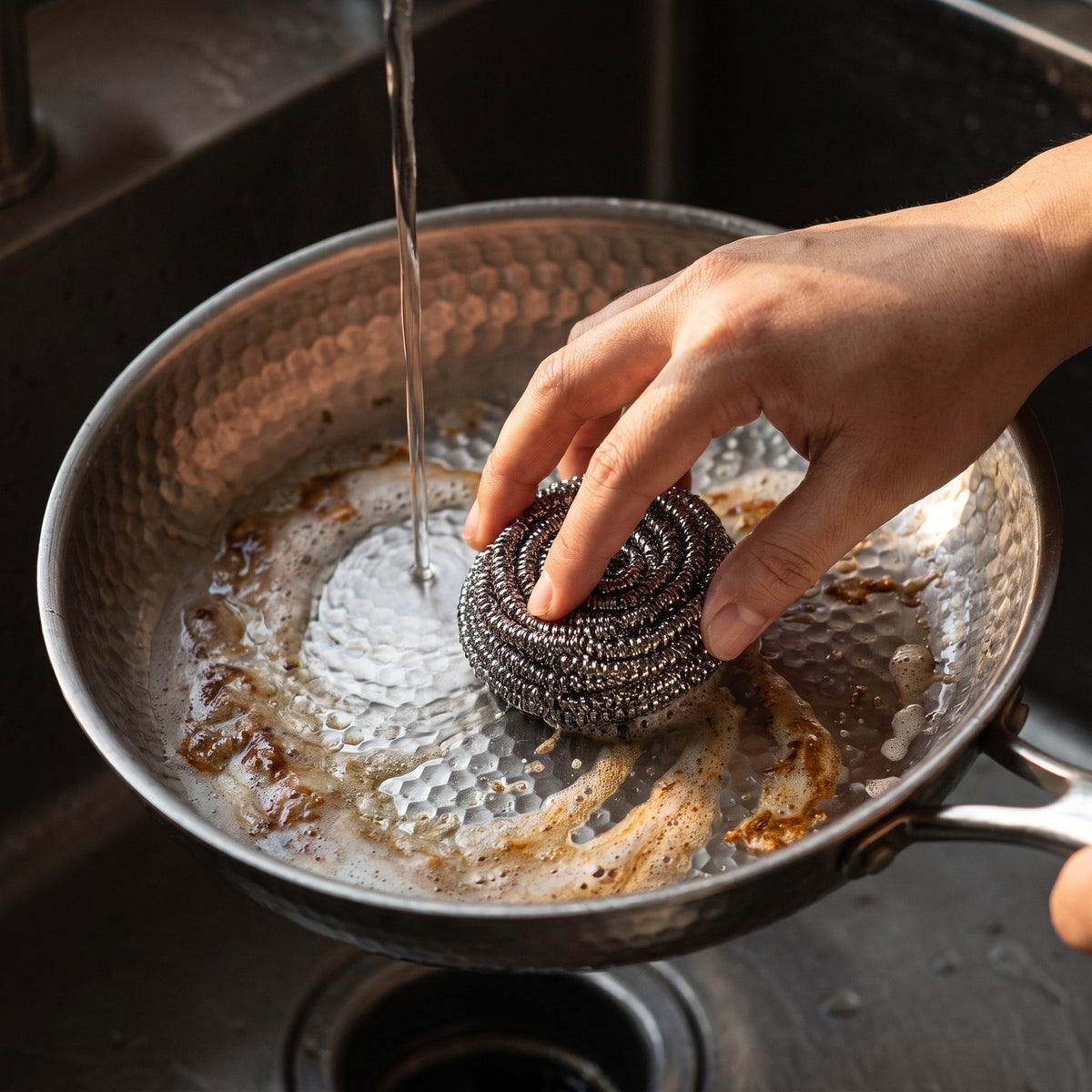 Hatori Titanium Pan Scrubber, in use