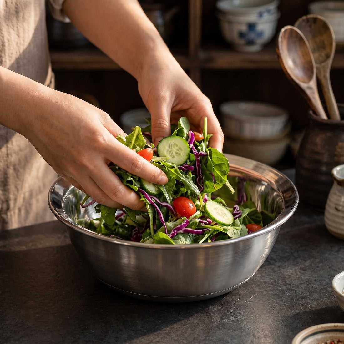 Hatori Migaki 磨き Series – Stainless Steel Mixing Bowls, in use
