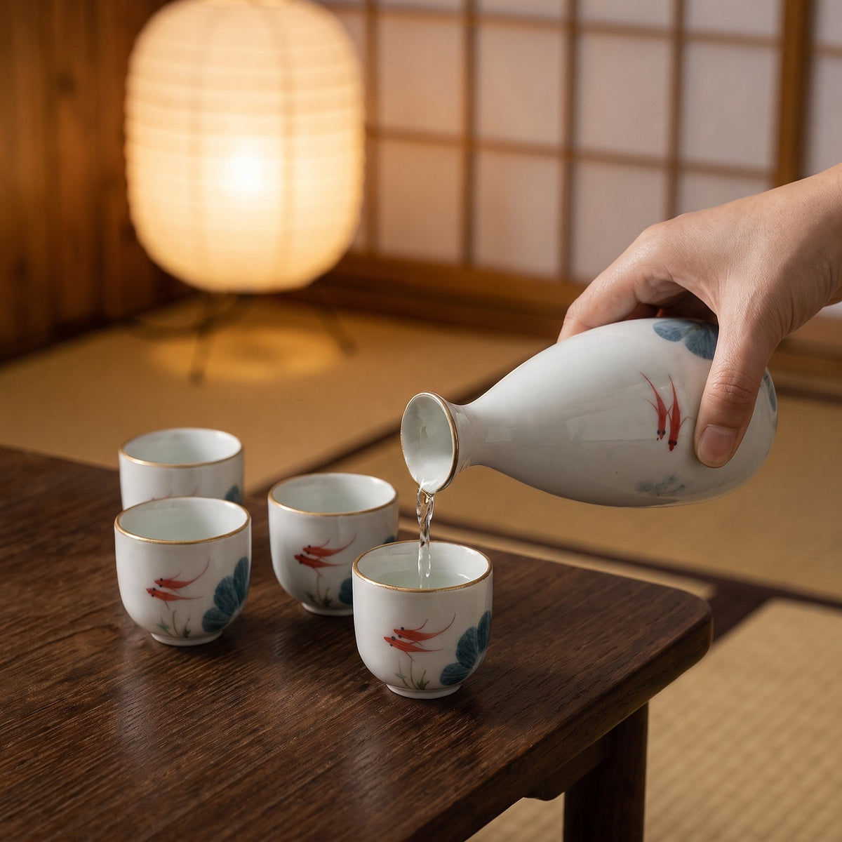 Hatori Kingyo 金魚 Series – Ceramic Sake Set, in use