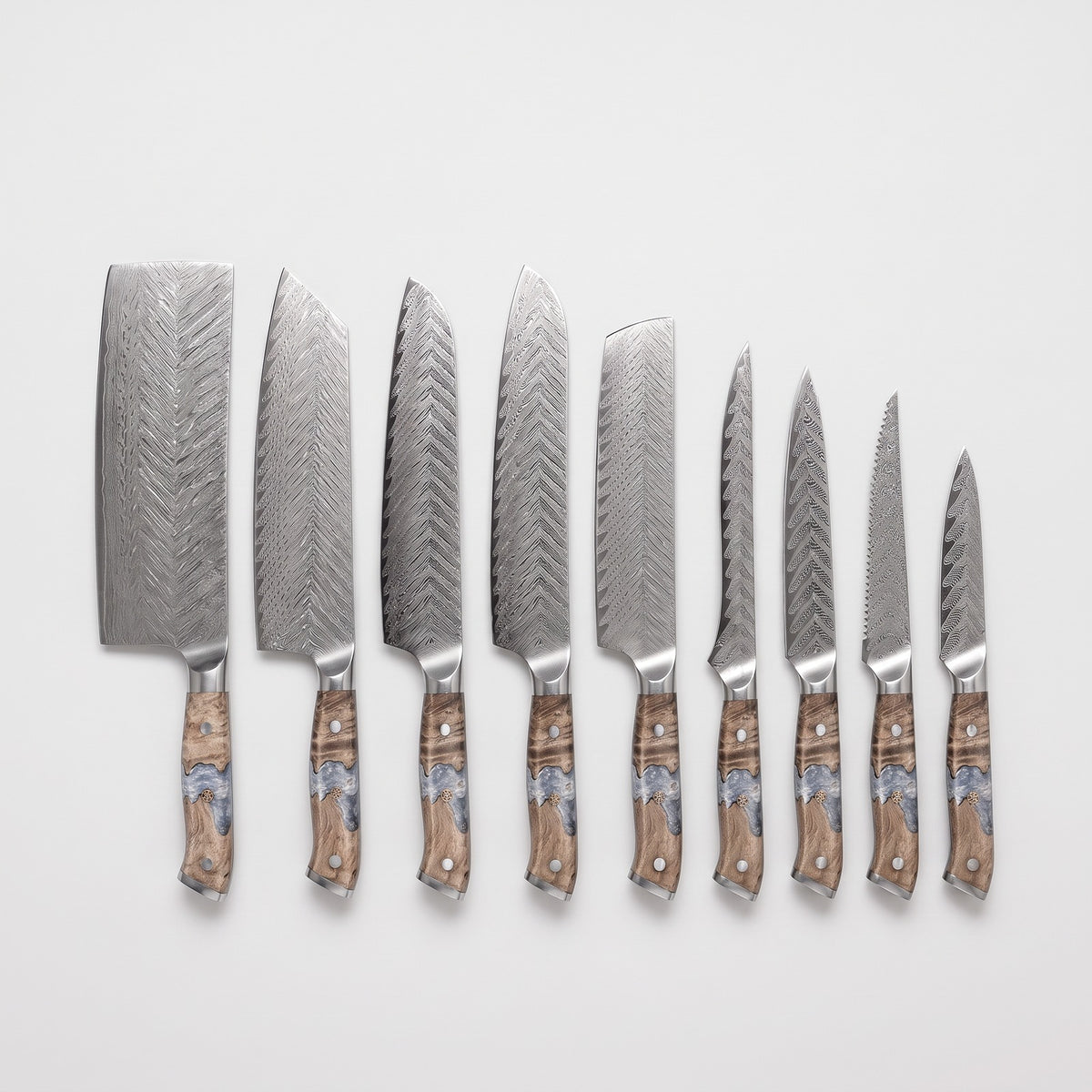 Hatori Yabane 矢羽 Series – Damascus 9 Piece Set, on light grey
