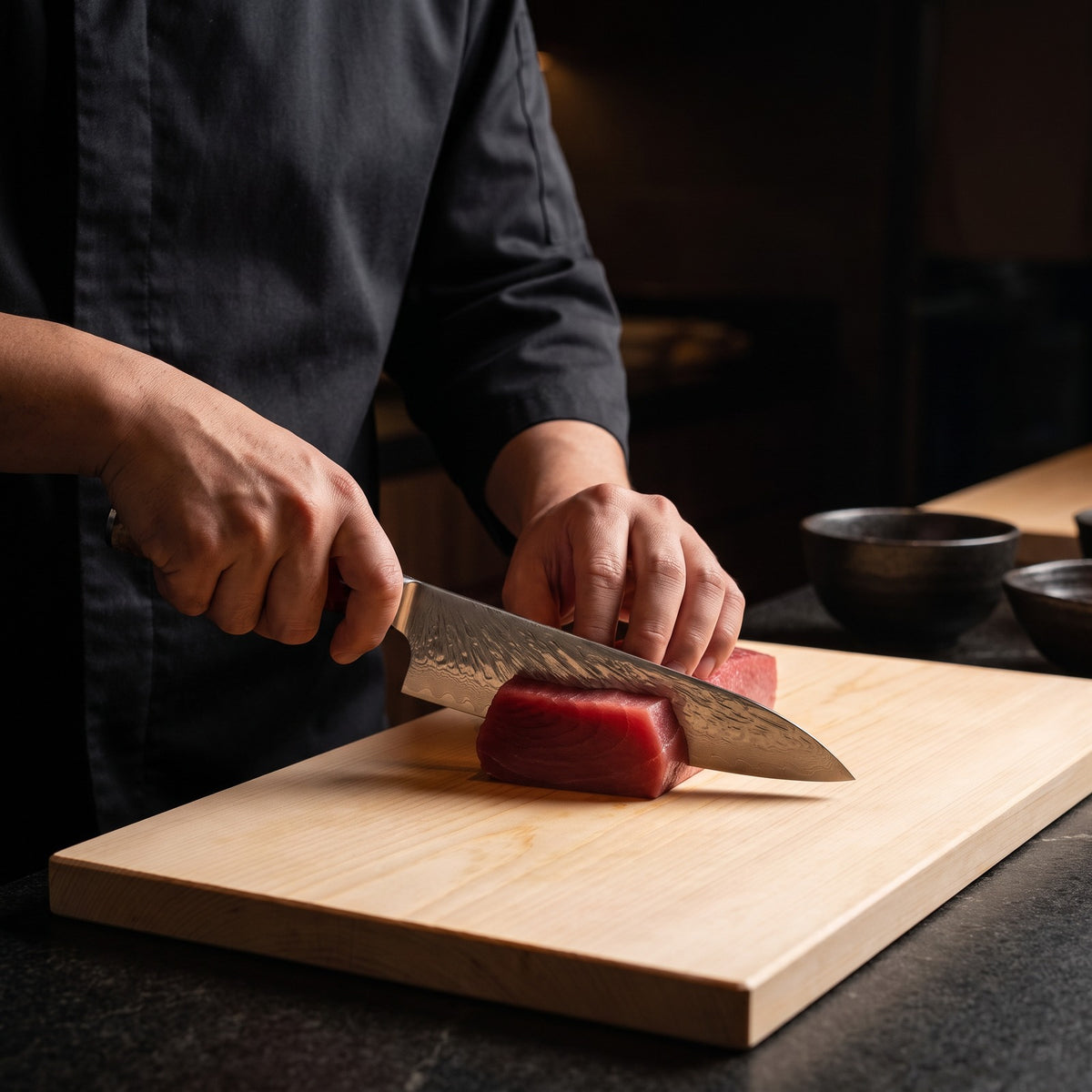 Hatori Kurenai 紅 Series – Damascus Santoku 17.6 cm, in use