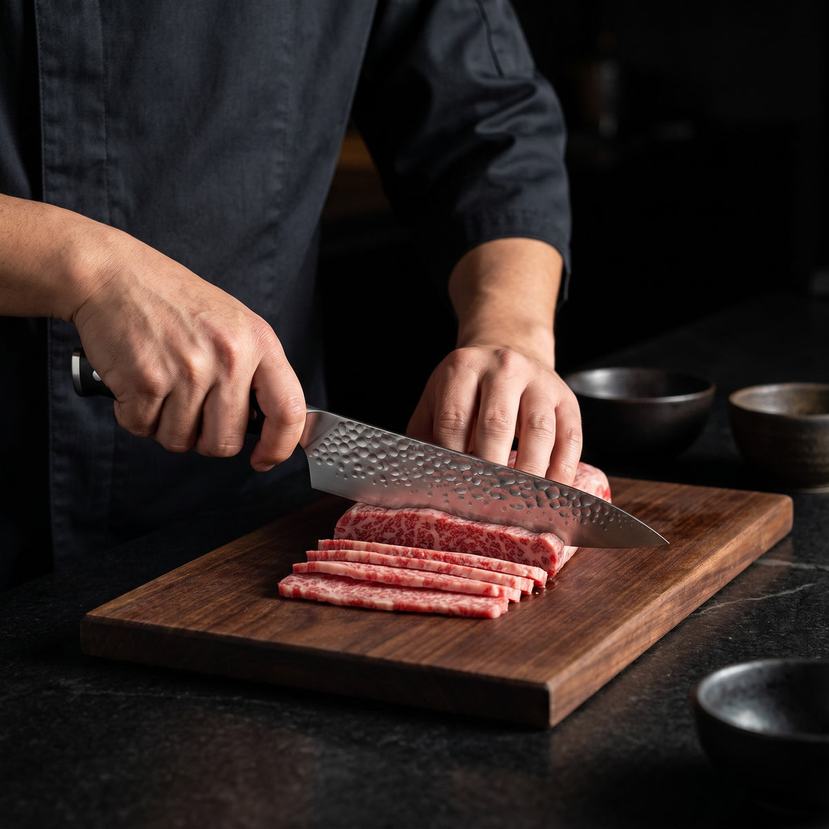 Hatori Yoru 夜 Series – Hammered Chef's Knife 20 cm, in use