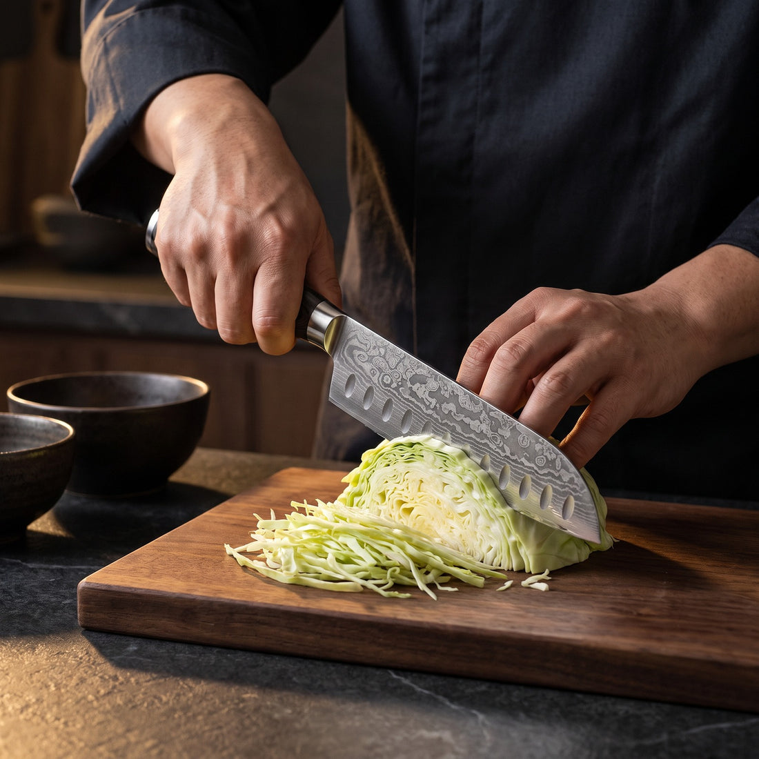 Hatori Mori 森 Series – Santoku 18 cm, Hollow Edge, in use