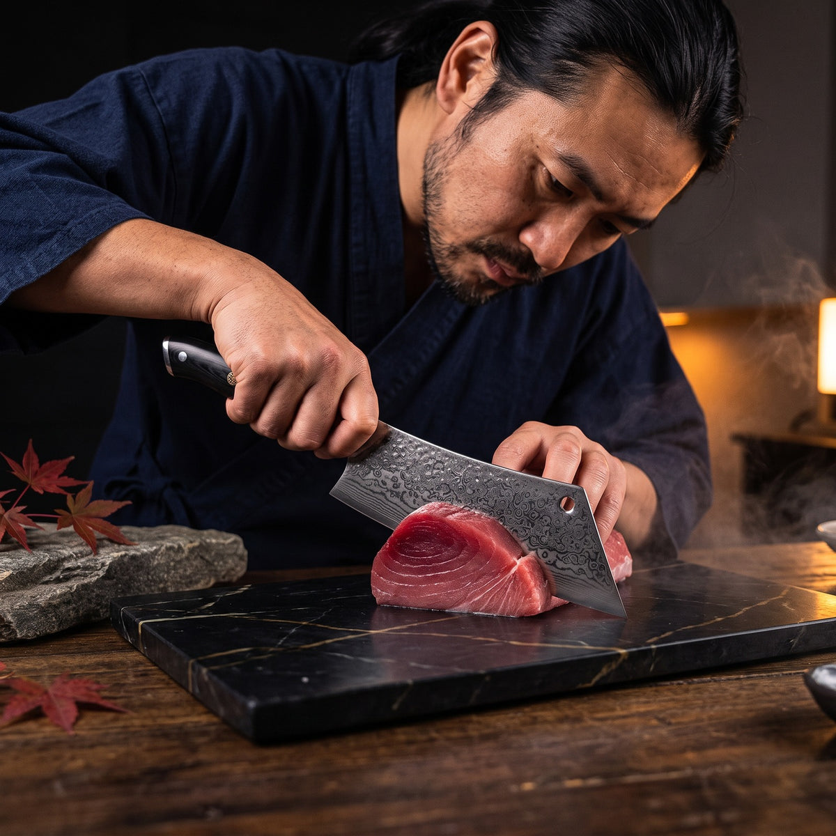 Hatori Kokuyō 黒曜 Series – Damascus Hybrid Cleaver 20 cm, in use