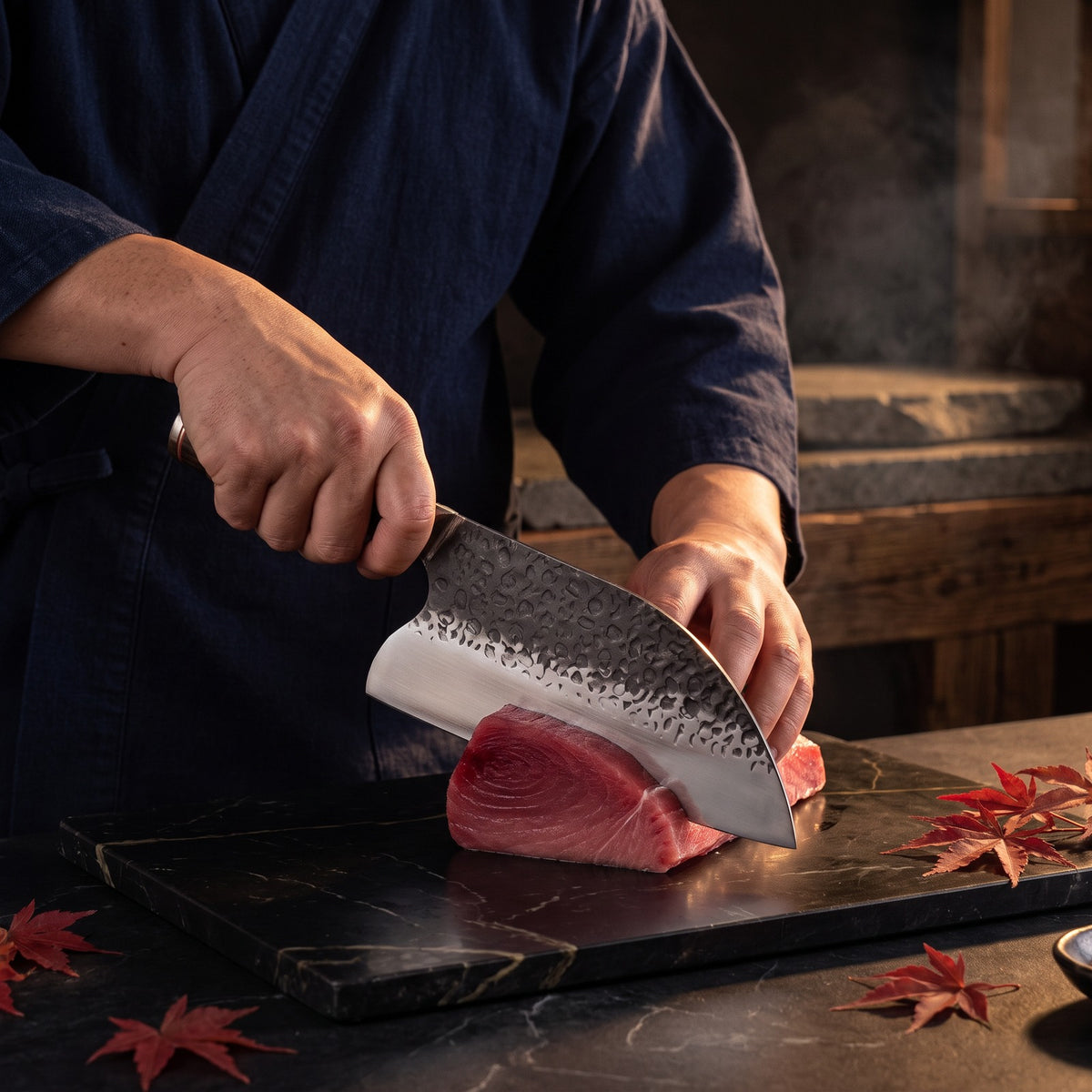 Hatori Kaji 鍛冶 Series – Hammered Butcher's Cleaver 20.5 cm, in use