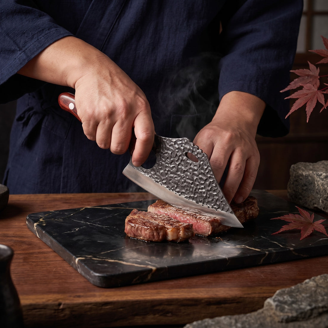 Hatori Kiba 牙 Series – Forged Ring Knife 17.5 cm, Red Sandalwood, in use
