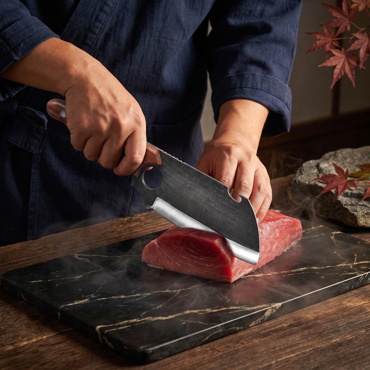Hatori Kiba 牙 Series – Forged Wide Cleaver 17 cm, Red Sandalwood, in use