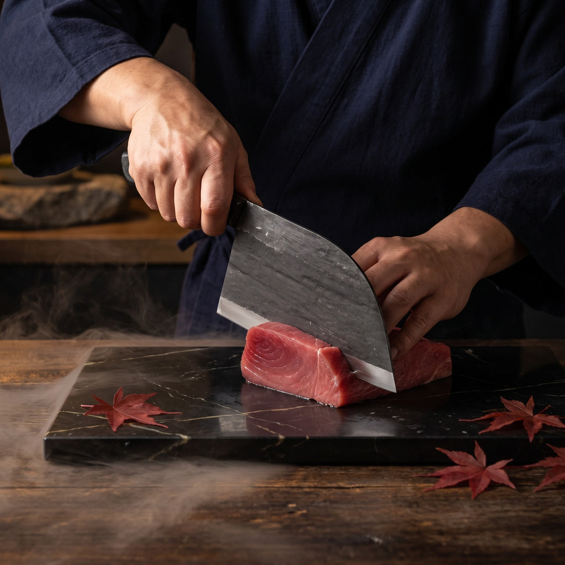 Hatori Kaji 鍛冶 Series – Black Forged Cleaver 17.5 cm, in use