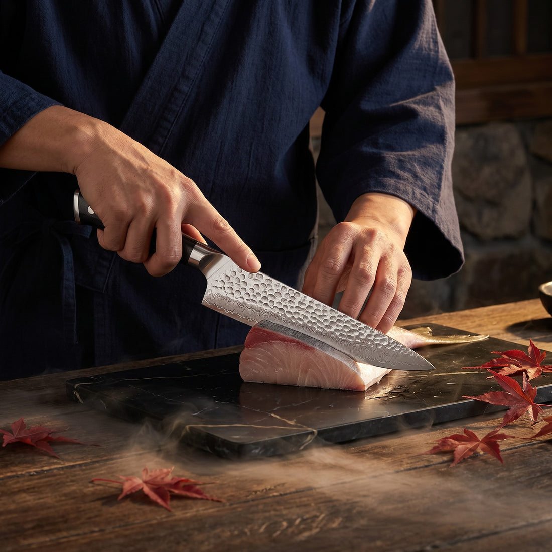 Hatori Kokuyō 黒曜 Series – Damascus Chef's Knife 20 cm, in use