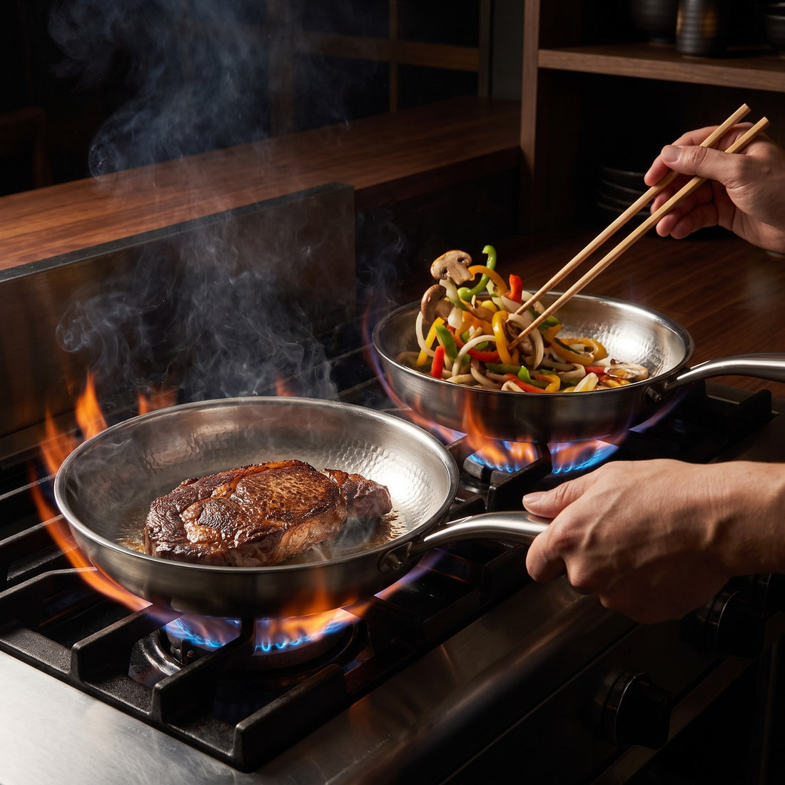 Hatori Kōmyō 光明 Series – 3-Pan Set, in use on the stove