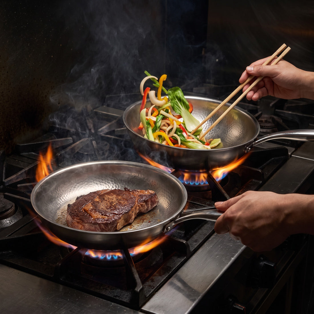 Hatori Kōmyō 光明 Series – Complete Kitchen Set, 6 Pieces with 3 Lids, in use on the stove