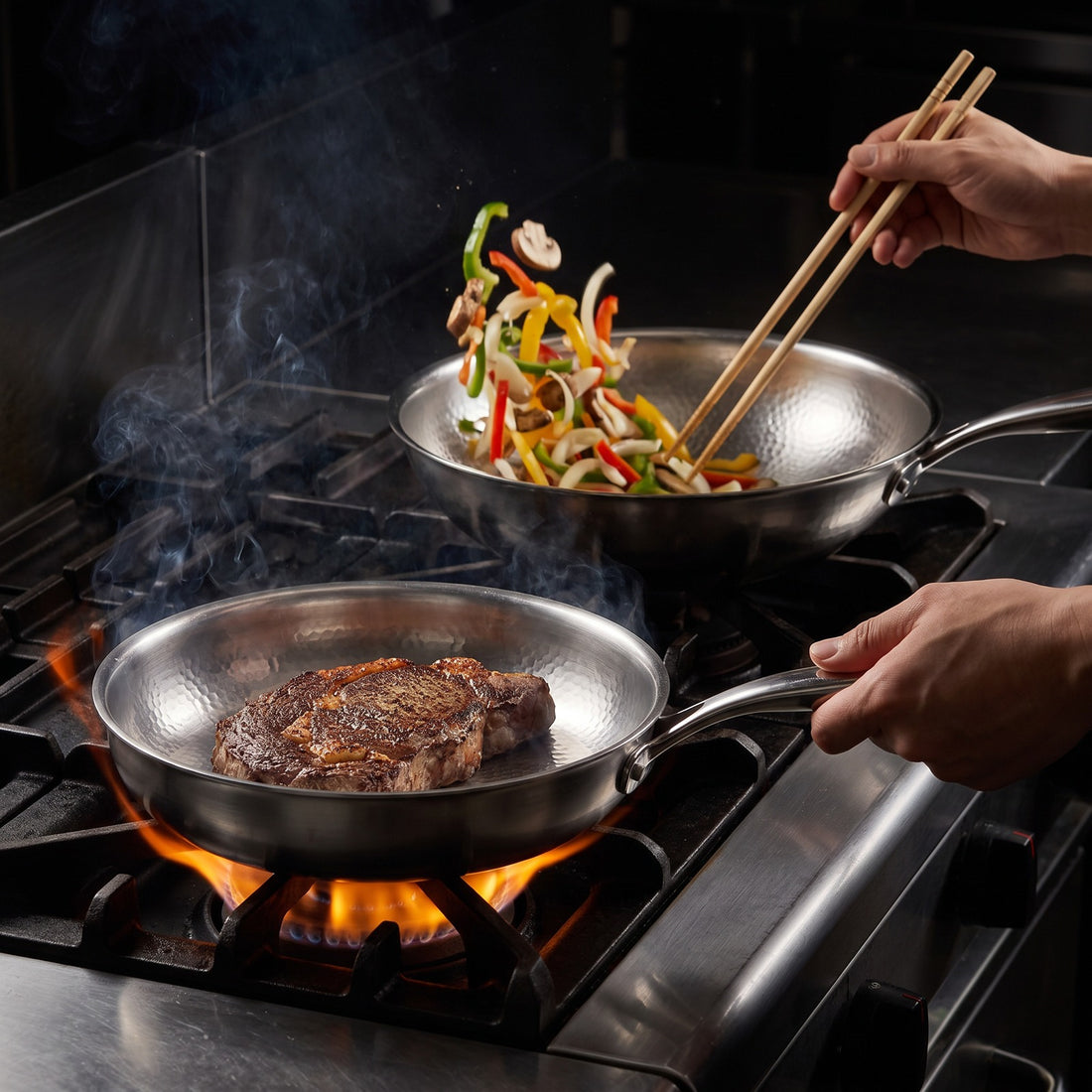 Hatori Kōmyō 光明 Series – Stir-Fry Set, 3 Pans with Lid, in use on the stove