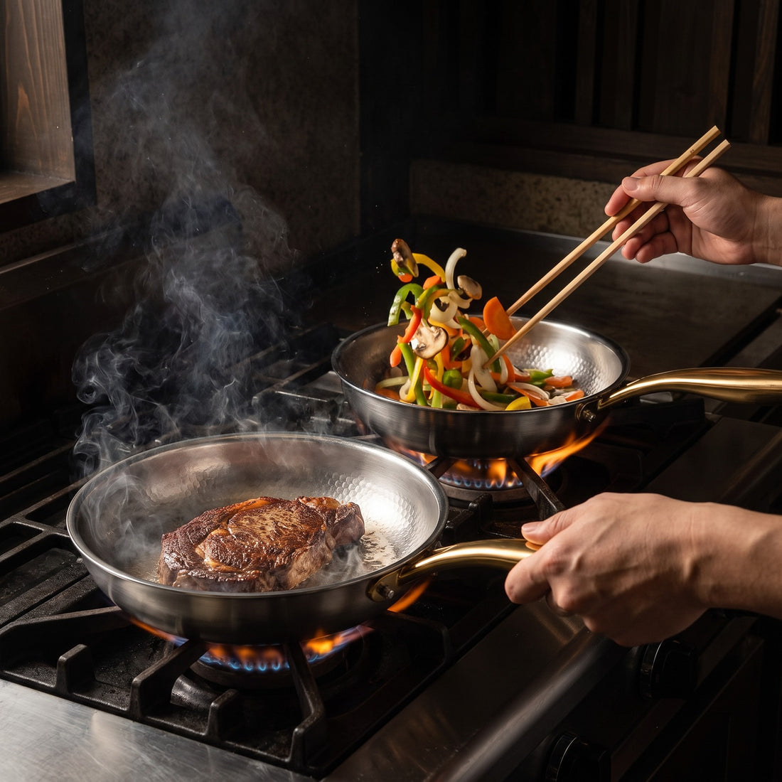 Hatori Kōmyō 光明 Kin 金 Edition – 3-Pan Set, in use on the stove
