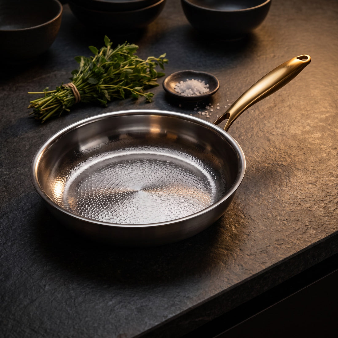 Hatori Kōmyō 光明 Kin 金 Edition – Hammered Titanium Pan, on the counter