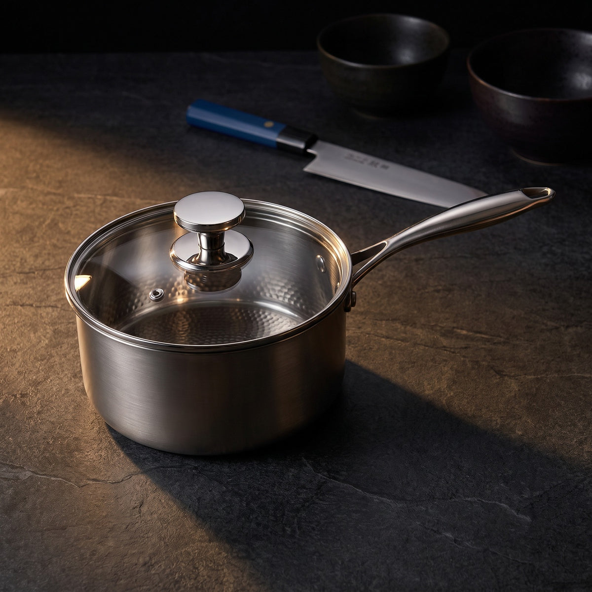 Hatori Kōmyō 光明 Series – Titanium Saucepan with Lid, on the counter
