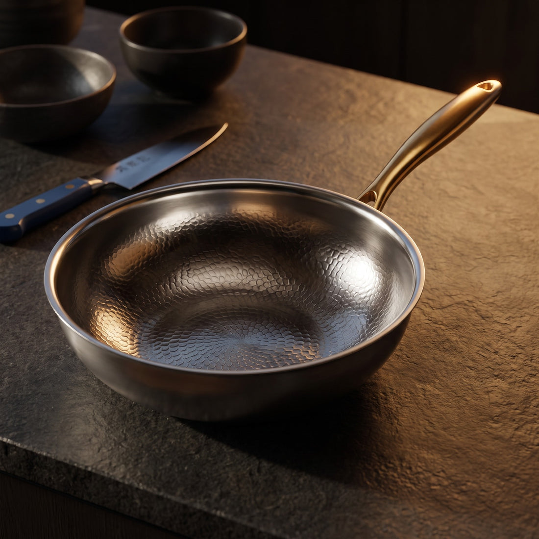 Hatori Kōmyō 光明 Kin 金 Edition – Hammered Titanium Wok, on the counter