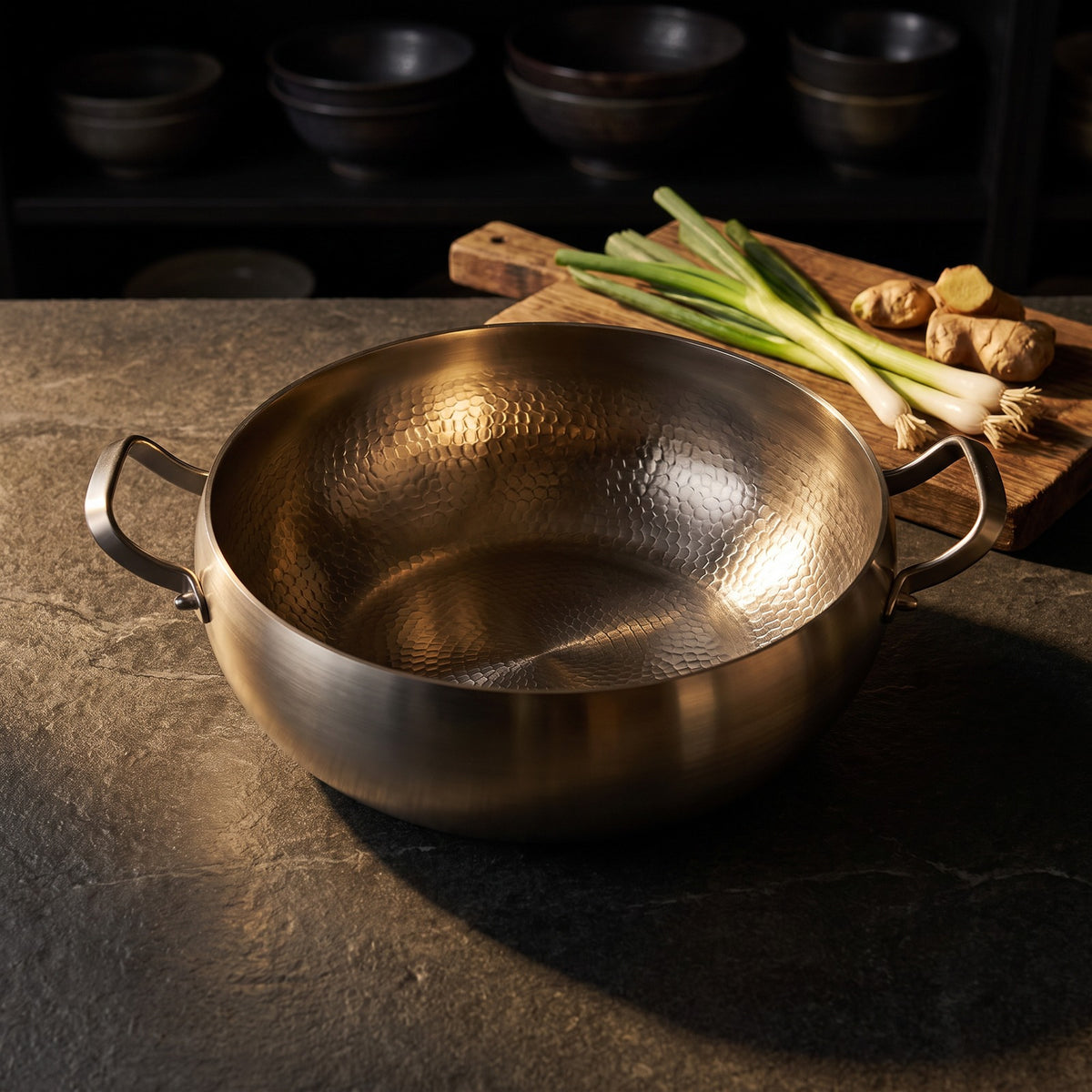 Hatori Kōmyō 光明 Series – Hammered Deep Titanium Pot, on the counter