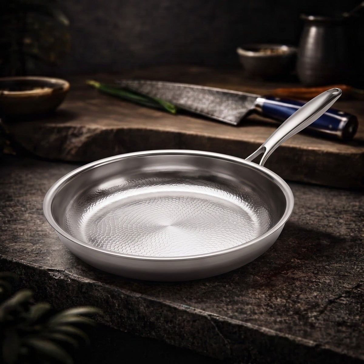 Hatori Kōmyō 光明 Series – Hammered Titanium Pan, on the counter