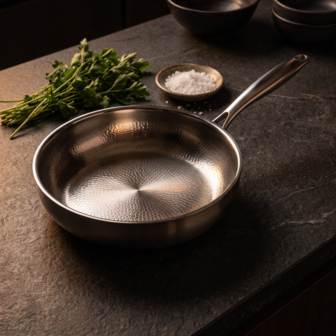 Hatori Kōmyō 光明 Series – Hammered Titanium Sauté Pan, on the counter