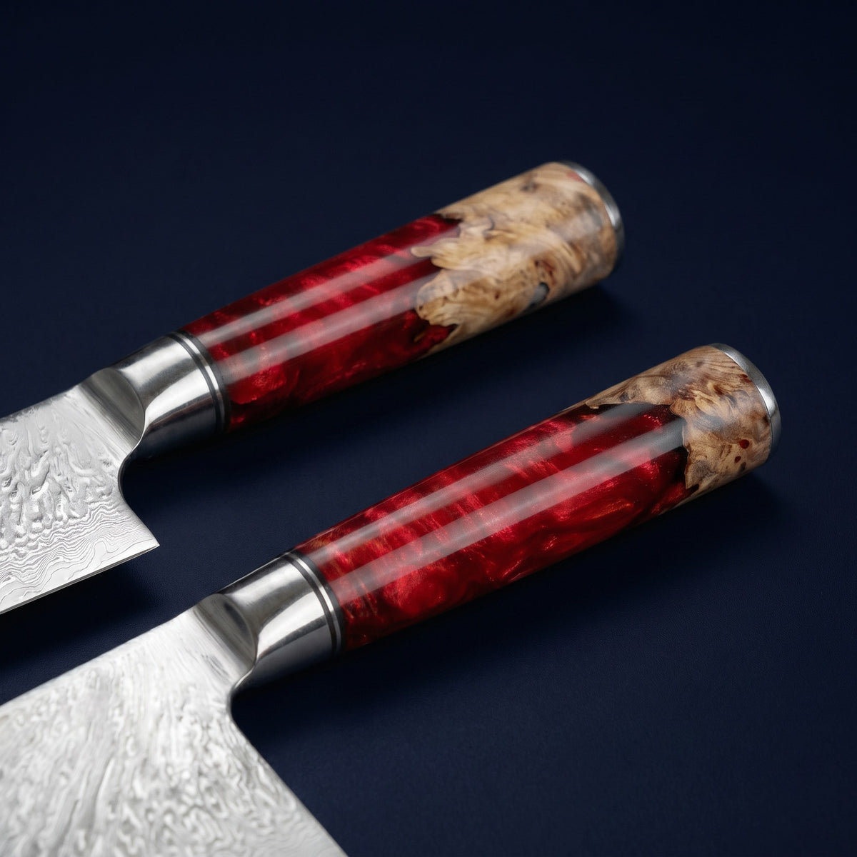 Hatori Kurenai 紅 Series – Damascus 2 Piece Set, close-up of the handles