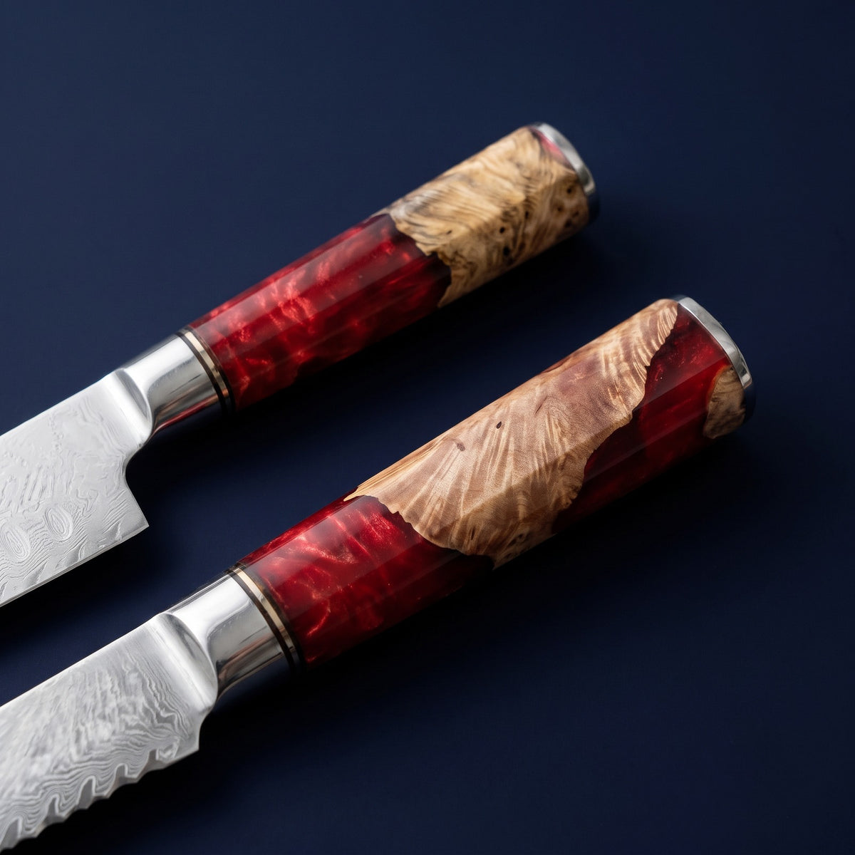 Hatori Kurenai 紅 Series – Damascus 5 Piece Set, close-up of the handles
