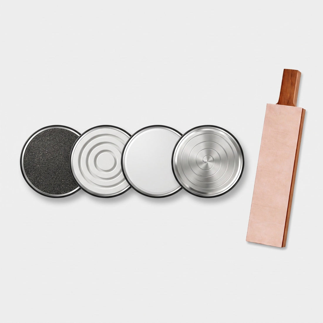 Hatori Complete Scale – Kurogane, Kasumi, Hikari + Uzumaki Discs with Leather Strop, on light grey