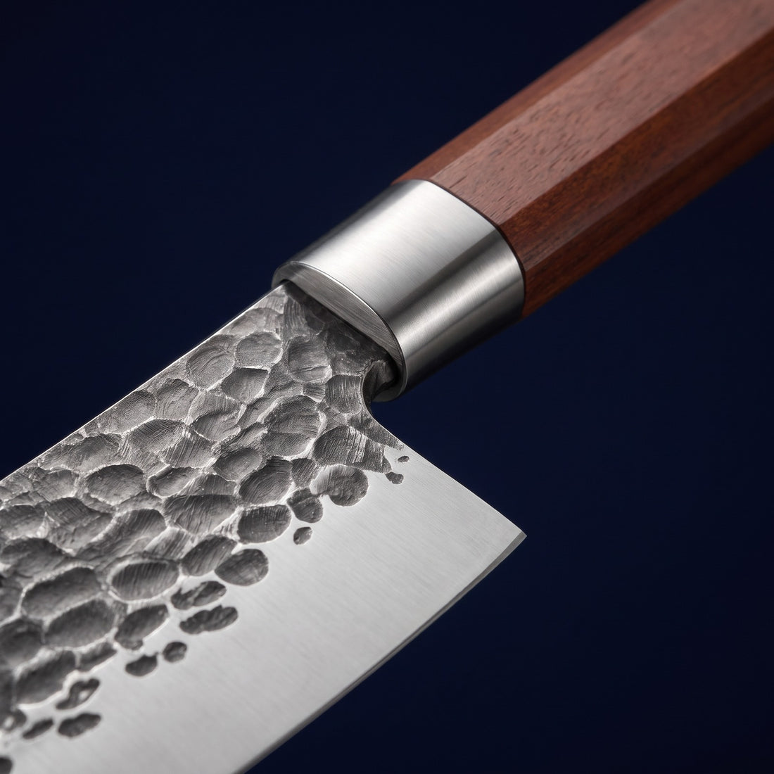 Hatori Tsuchime 槌目 Series – Hammered Chef's Knife 18.5 cm, close-up of the bolster