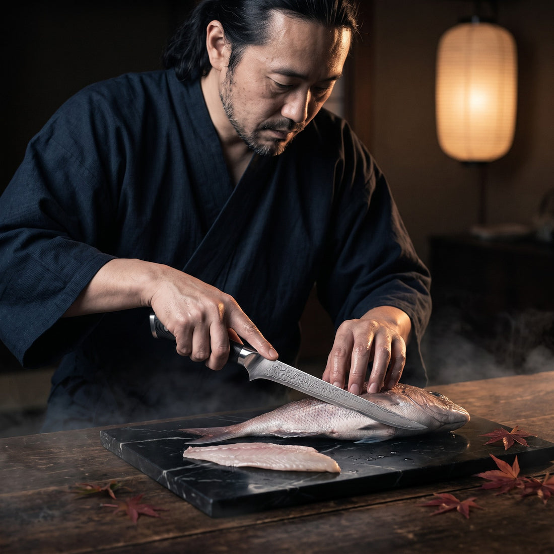 Hatori Kokuyō 黒曜 Series – Damascus Fillet Knife 20 cm, at the counter