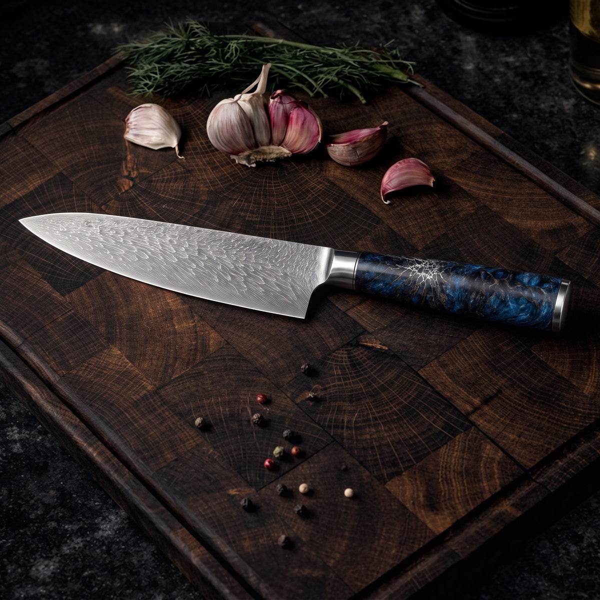 Hatori Seido 青道 Series – Hammered Chef's Knife 20 cm, on a board