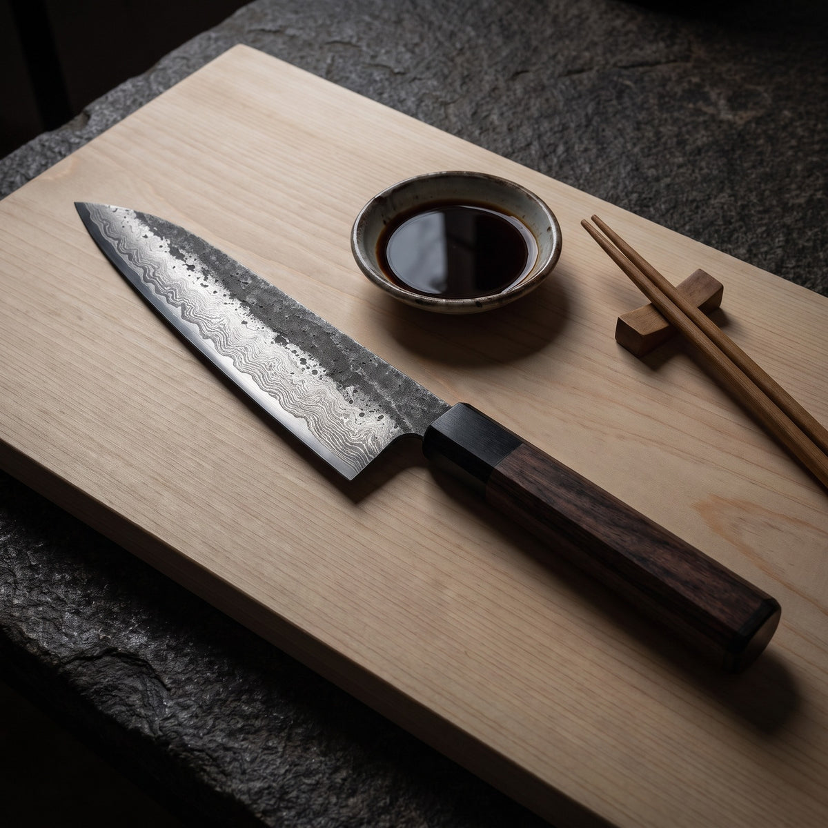 Hatori Tetsuboku 鉄木 Series – Kiritsuke 21.5 cm, on a board