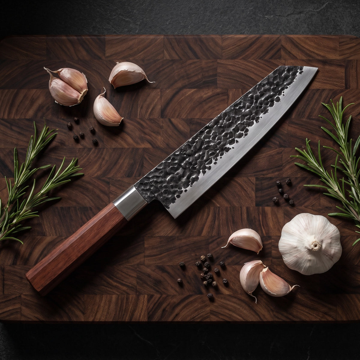 Hatori Tsuchime 槌目 Series – Hammered Kiritsuke 34.5 cm, on a board