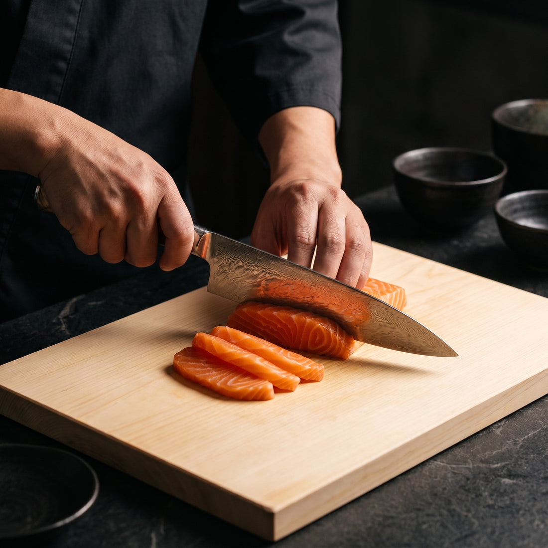 Hatori Kurenai 紅 Series – Damascus 2 Piece Set, in use