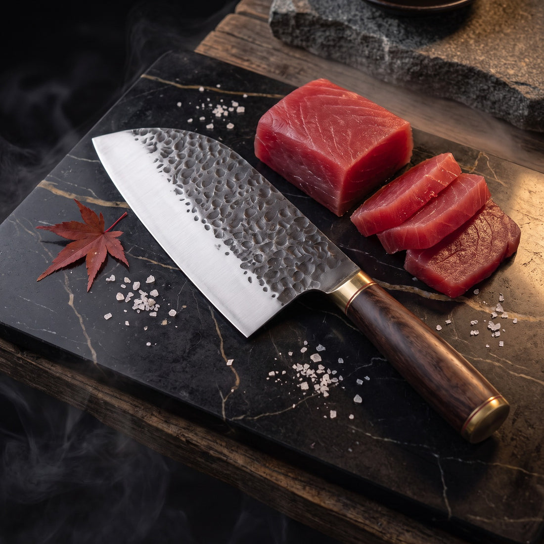 Hatori Kaji 鍛冶 Series – Hammered Butcher's Cleaver 20.5 cm, on the board