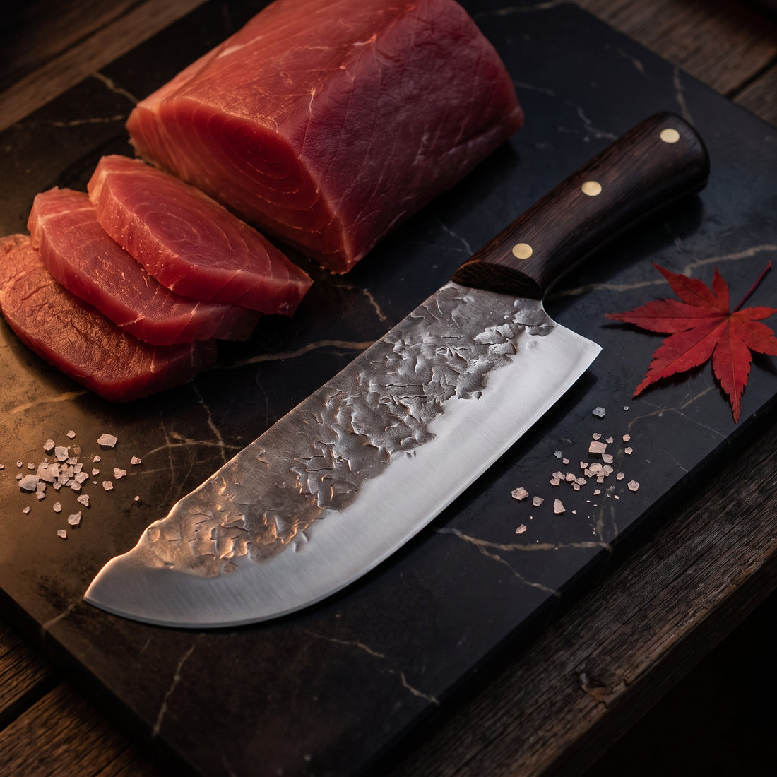 Hatori Kaji 鍛冶 Series – Forged Cleaver 19.5 cm, on the board