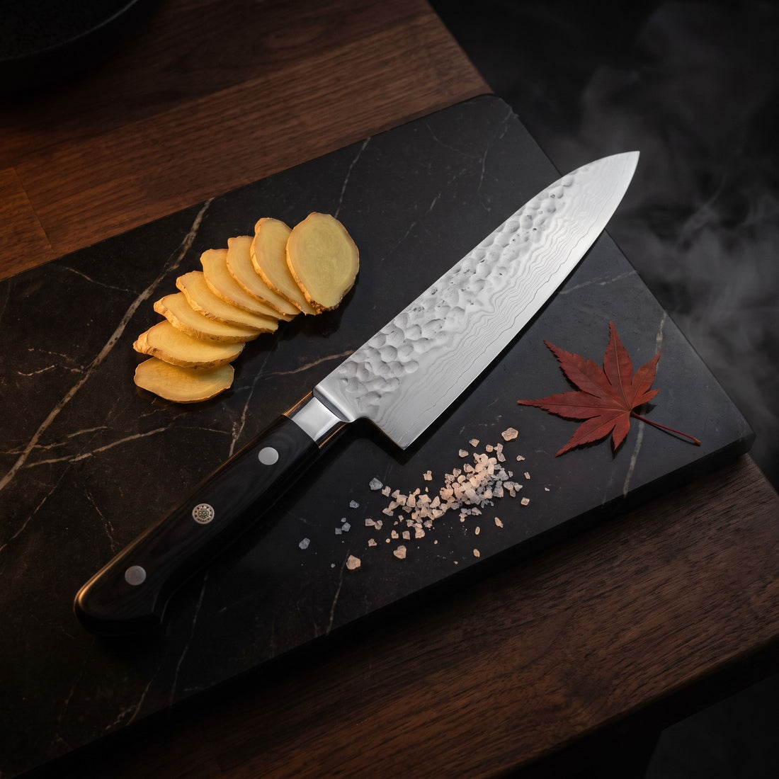 Hatori Kokuyō 黒曜 Series – Damascus Chef's Knife 15 cm, on the board