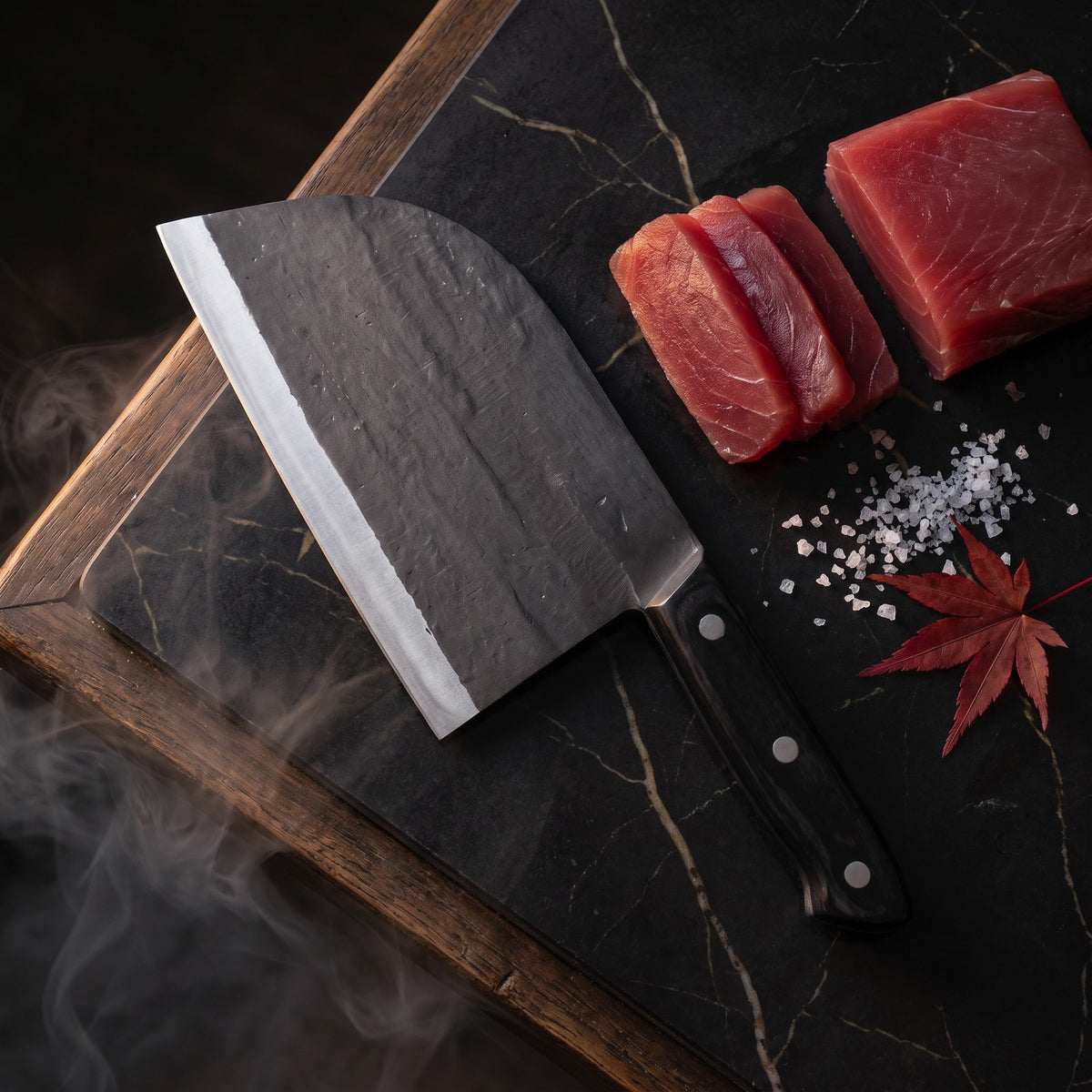 Hatori Kaji 鍛冶 Series – Black Forged Cleaver 17.5 cm, on the board